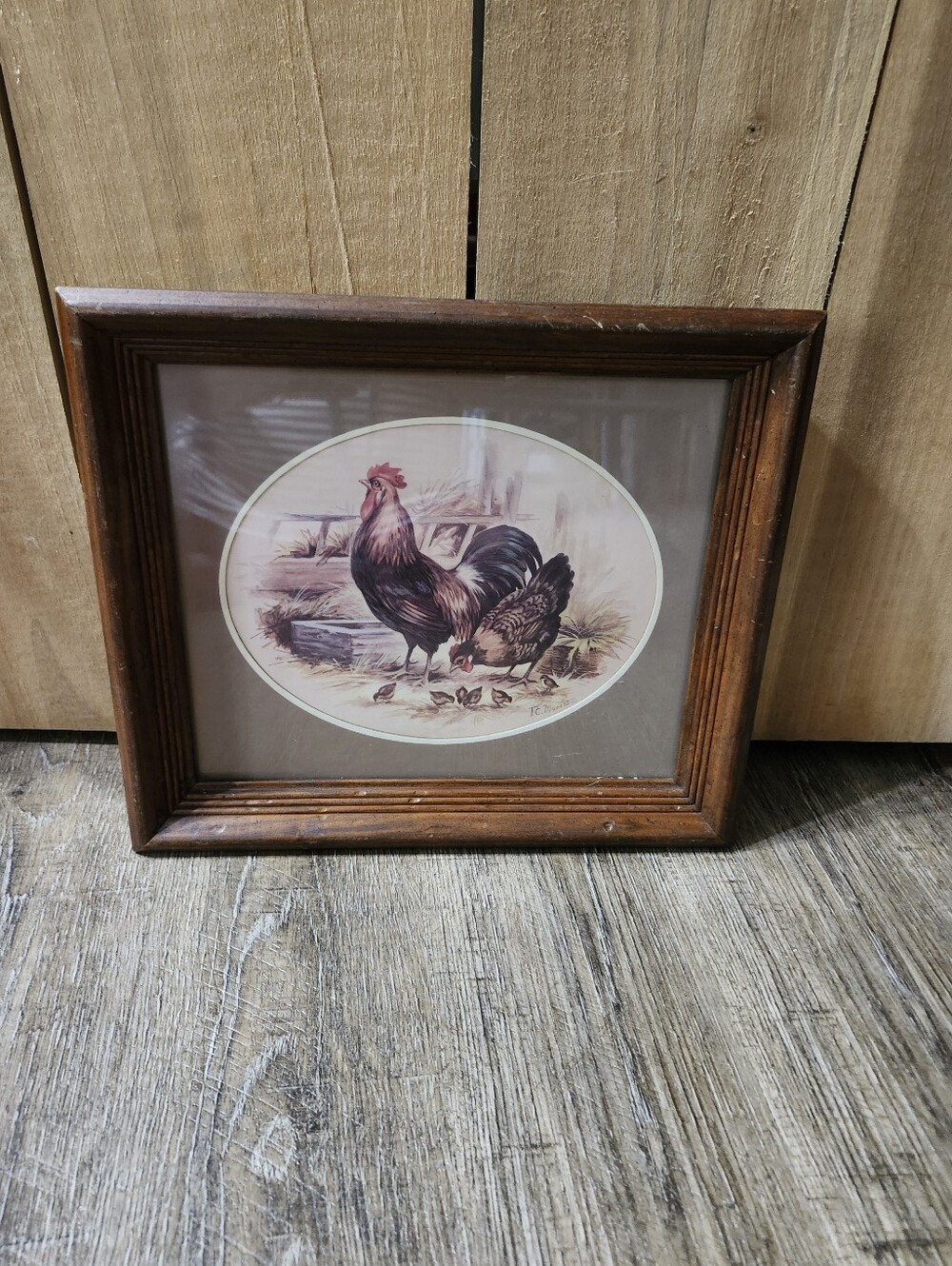 Rooster & Hen Framed Farm Print - Brown Wood Frame